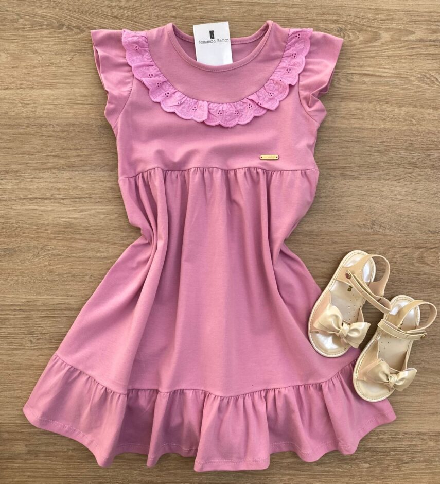 Vestido Infantil Feminino com Detalhe Rosa Fernanda Ramos Kids
