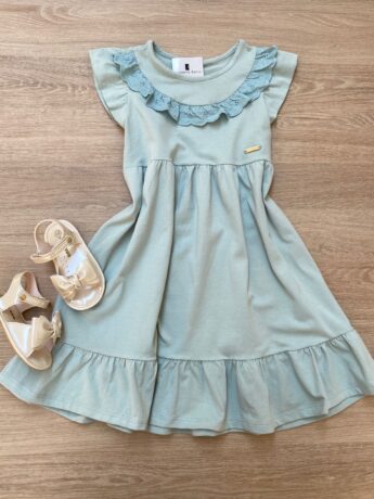 Vestido Infantil Feminino com Detalhe Verde Água Fernanda Ramos Kids