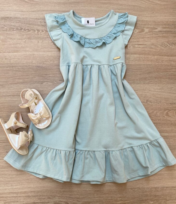 Vestido Infantil Feminino com Detalhe Verde Água Fernanda Ramos Kids