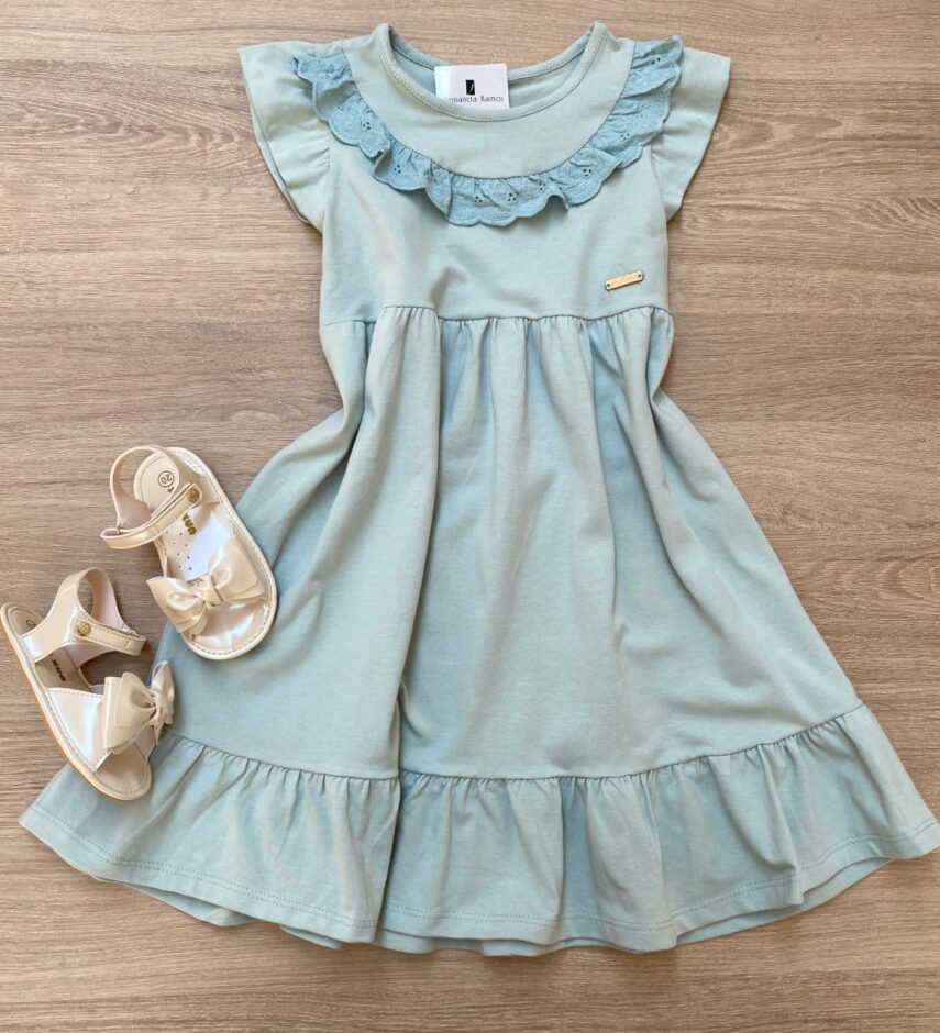 Vestido Infantil Feminino com Detalhe Verde Água Fernanda Ramos Kids