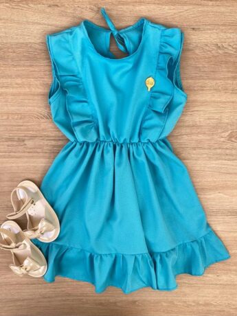 Vestido Infantil Feminino com Elástico na Cintura e Babados Azul Fernanda Ramos Kids