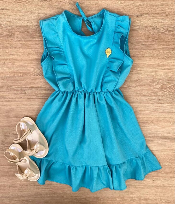 Vestido Infantil Feminino com Elástico na Cintura e Babados Azul Fernanda Ramos Kids