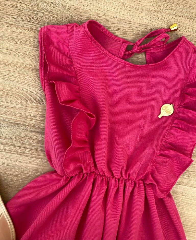 fernandaramoskids com br Vestido Infantil Feminino com Elástico na Cintura e Babados Pink 1
