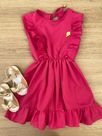 Vestido Infantil Feminino com Elástico na Cintura e Babados Pink Fernanda Ramos Kids