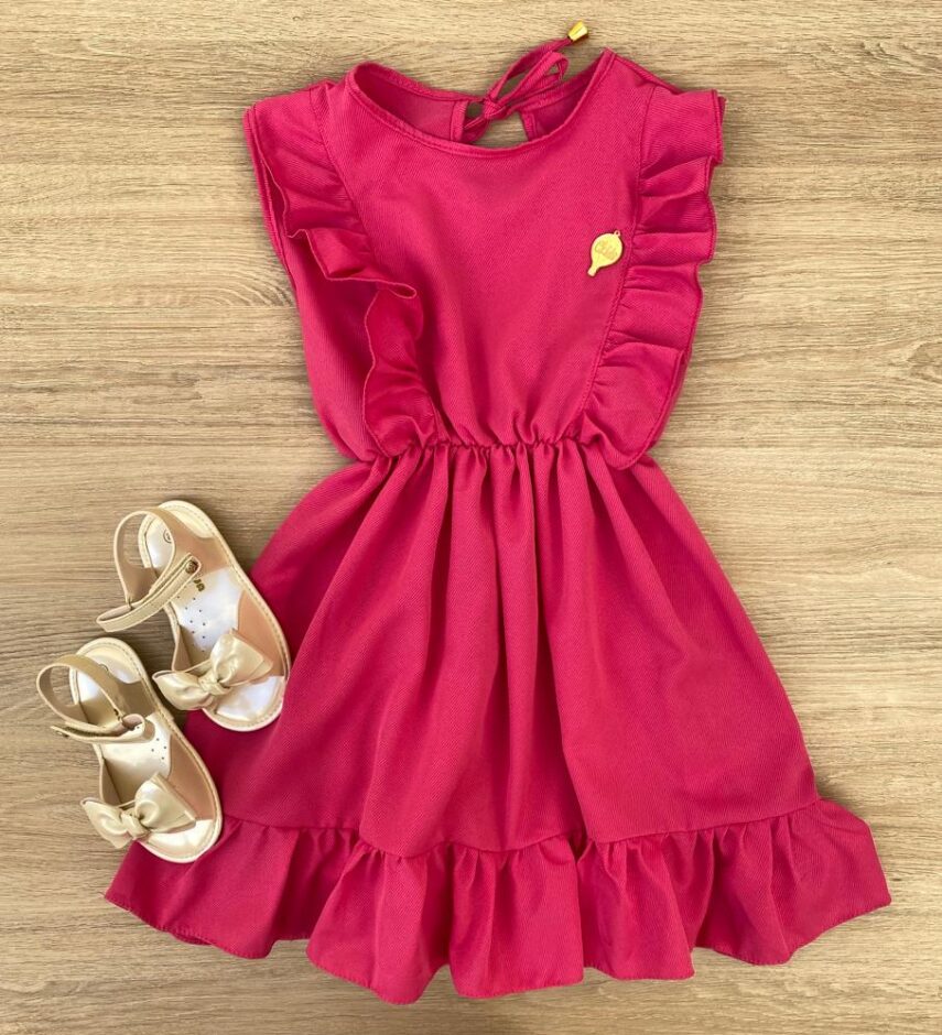 Vestido Infantil Feminino com Elástico na Cintura e Babados Pink Fernanda Ramos Kids