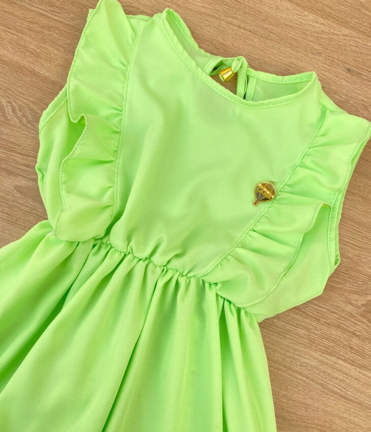 fernandaramoskids com br Vestido Infantil Feminino com Elástico na Cintura e Babados Verde 1