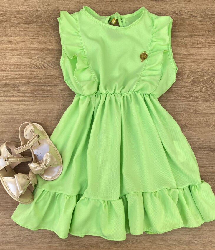 Vestido Infantil Feminino com Elástico na Cintura e Babados Verde Fernanda Ramos Kids