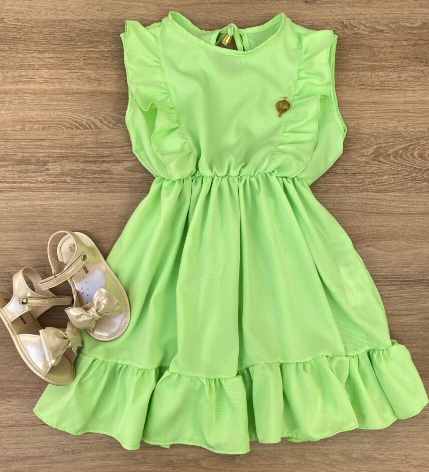 Vestido Infantil Feminino com Elástico na Cintura e Babados Verde Fernanda Ramos Kids