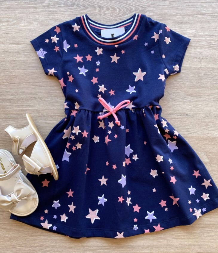 Vestido Infantil Feminino Cotton Estampa Estrelas Azul Marinho Fernanda Ramos Kids