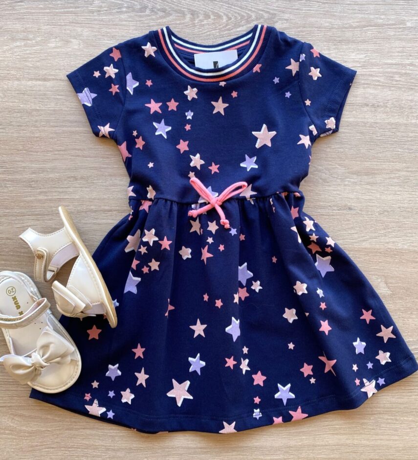 Vestido Infantil Feminino Cotton Estampa Estrelas Azul Marinho Fernanda Ramos Kids