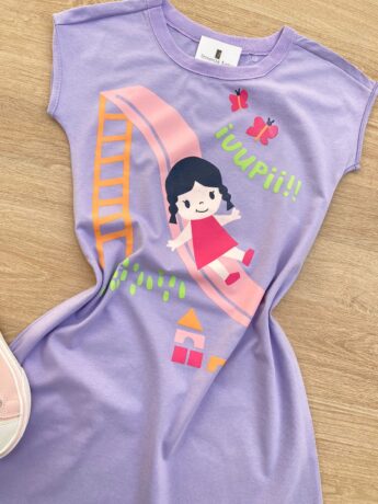 fernandaramoskids com br Vestido Infantil Feminino Curto com Detalhe em Estampa Lilás 1