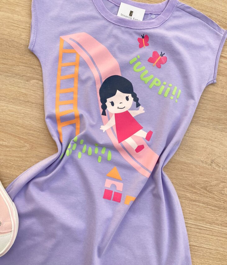 fernandaramoskids com br Vestido Infantil Feminino Curto com Detalhe em Estampa Lilás 1