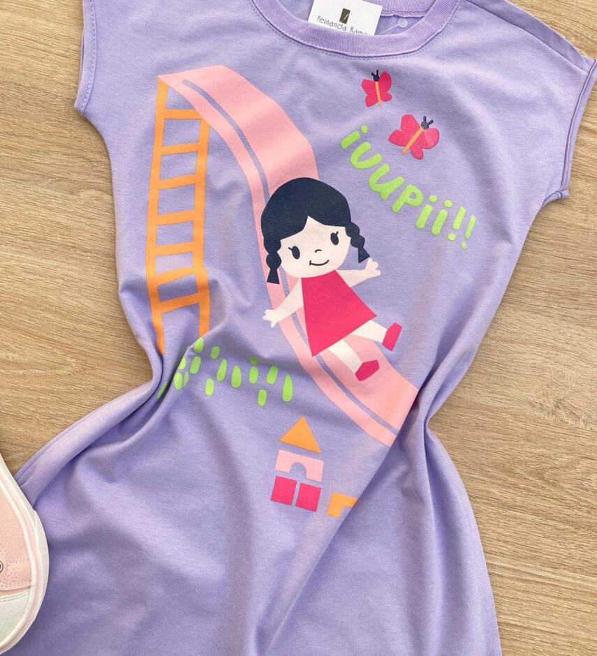 fernandaramoskids com br Vestido Infantil Feminino Curto com Detalhe em Estampa Lilás 1