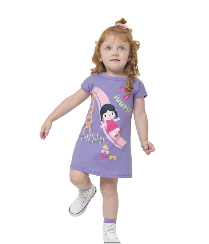 Vestido Infantil Feminino Curto com Detalhe em Estampa Lilás Fernanda ramos kids