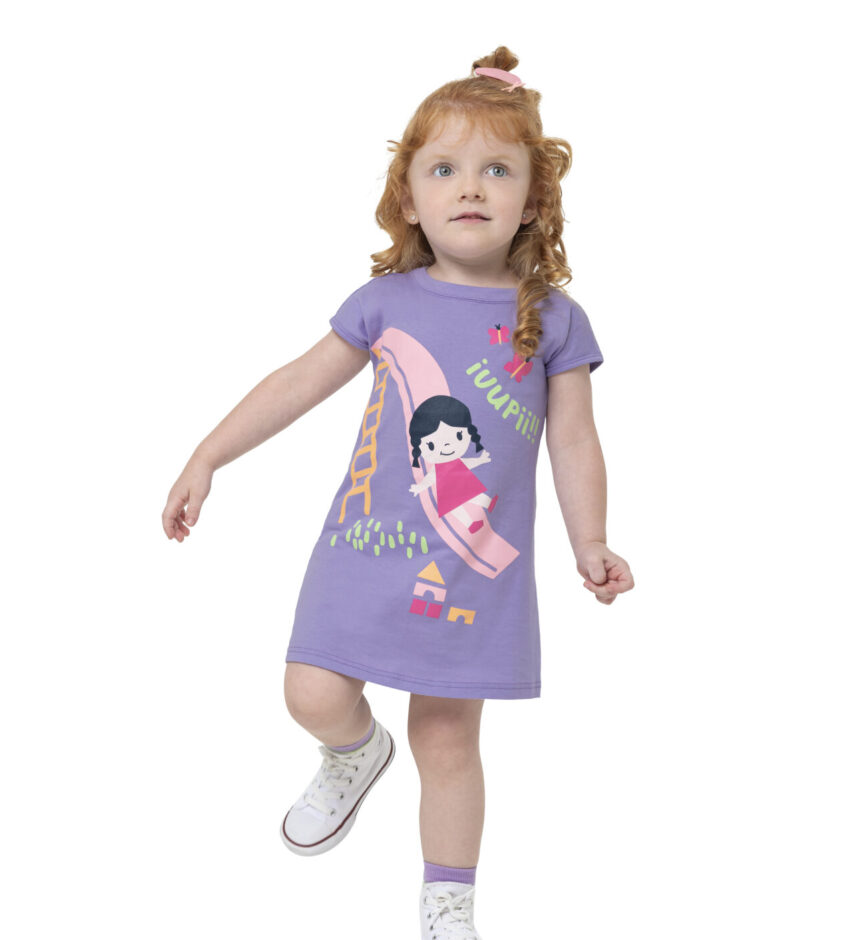 Vestido Infantil Feminino Curto com Detalhe em Estampa Lilás Fernanda ramos kids