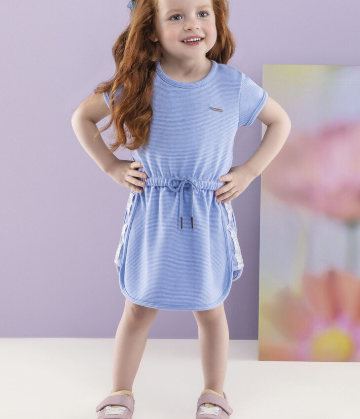 Vestido Infantil Feminino Curto Elástico na Cintura Azul Fernanda ramos kids