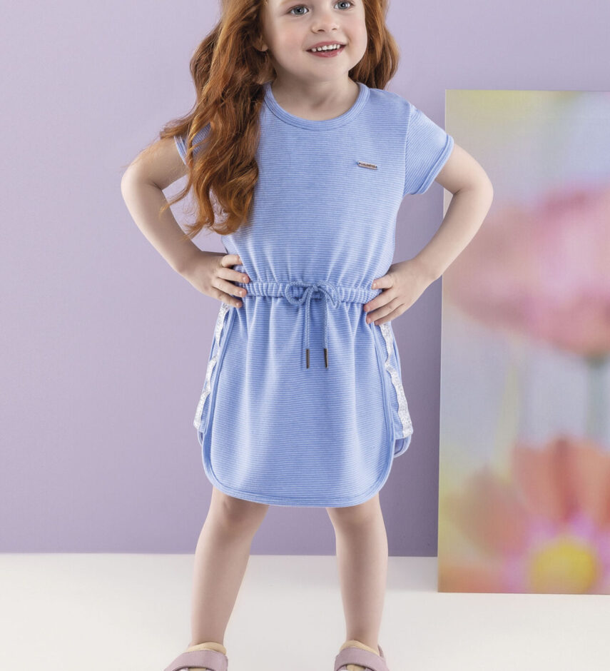 Vestido Infantil Feminino Curto Elástico na Cintura Azul Fernanda ramos kids