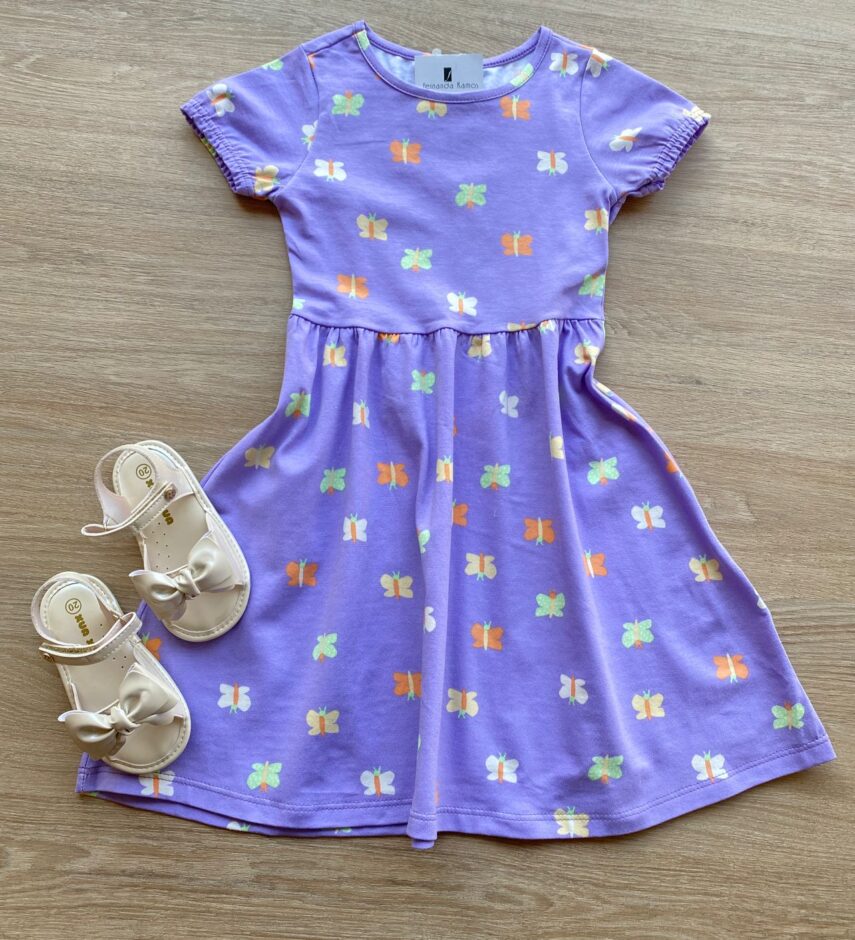 Vestido Infantil Feminino Curto Estampa Borboletas Lilás Fernanda Ramos Kids