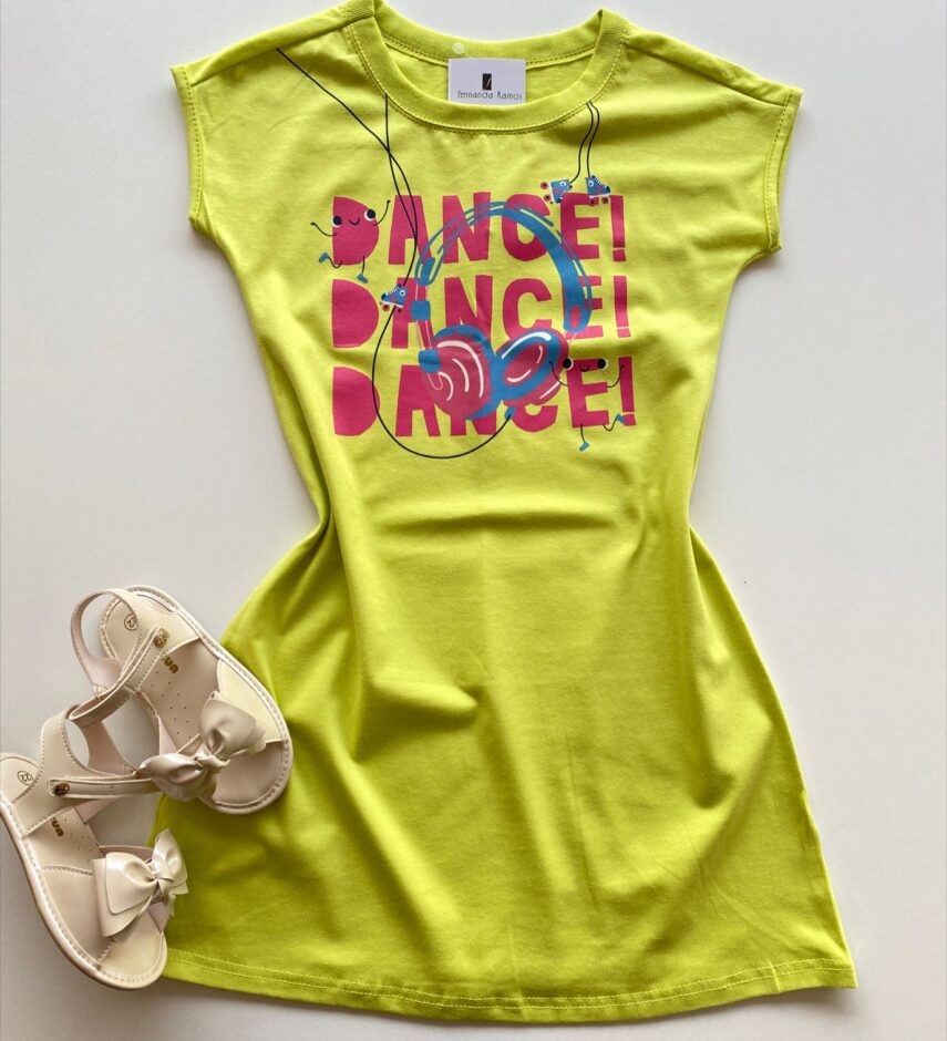 Vestido Infantil Feminino Curto Estampa Dance Verde Lima Fernanda Ramos Kids
