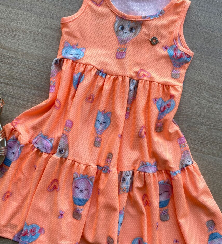 fernandaramoskids com br Vestido Infantil Feminino Curto Estampa de Bichinhos Laranja 1
