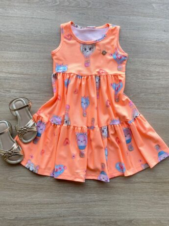 Vestido Infantil Feminino Curto Estampa de Bichinhos Laranja Fernanda Ramos Kids