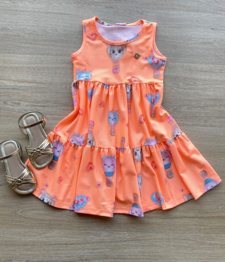 Vestido Infantil Feminino Curto Estampa de Bichinhos Laranja Fernanda Ramos Kids