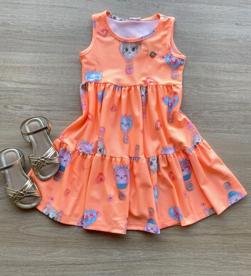 Vestido Infantil Feminino Curto Estampa de Bichinhos Laranja Fernanda Ramos Kids