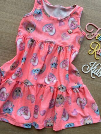 fernandaramoskids com br Vestido Infantil Feminino Curto Estampa de Bichinhos Pink Flúor 1