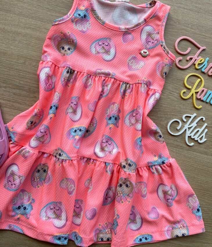 fernandaramoskids com br Vestido Infantil Feminino Curto Estampa de Bichinhos Pink Flúor 1
