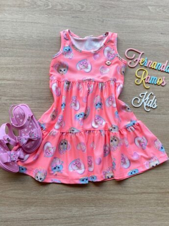 Vestido Infantil Feminino Curto Estampa de Bichinhos Pink Flúor Fernanda Ramos Kids