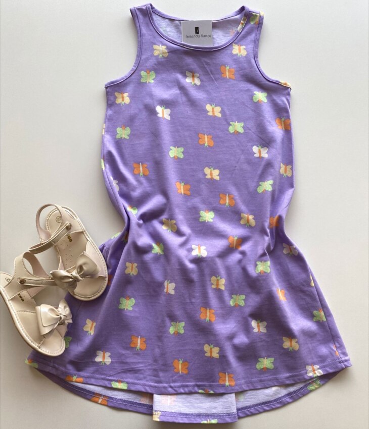 Vestido Infantil Feminino Curto Estampa de Borboletas Lilás Fernanda Ramos Kids