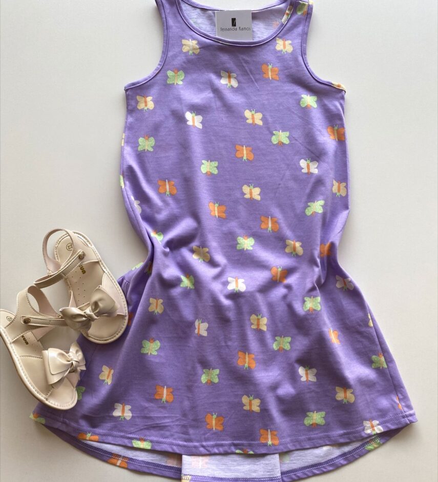 Vestido Infantil Feminino Curto Estampa de Borboletas Lilás Fernanda Ramos Kids