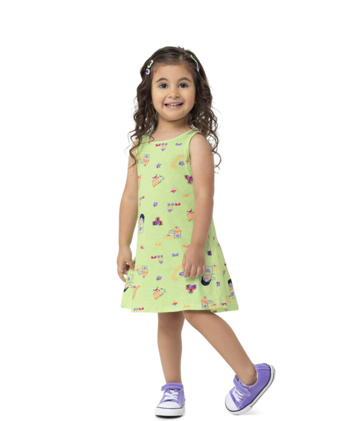 Vestido Infantil Feminino Curto Estampa de Brinquedos Verde Fernanda ramos kids