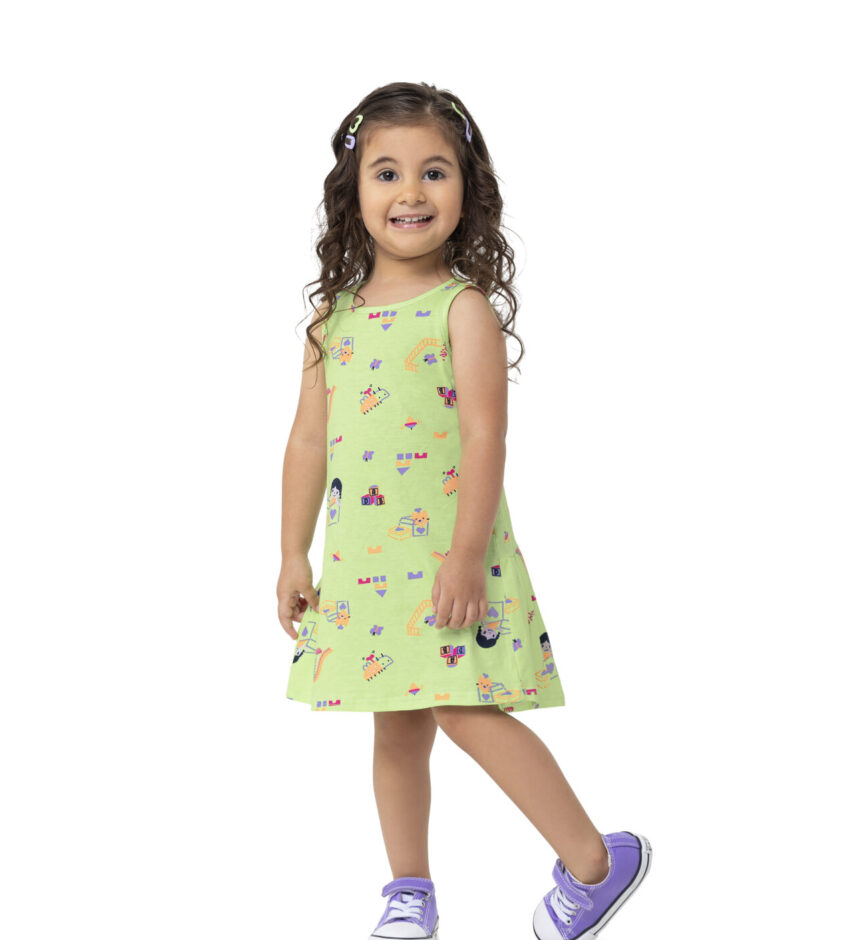 Vestido Infantil Feminino Curto Estampa de Brinquedos Verde Fernanda ramos kids