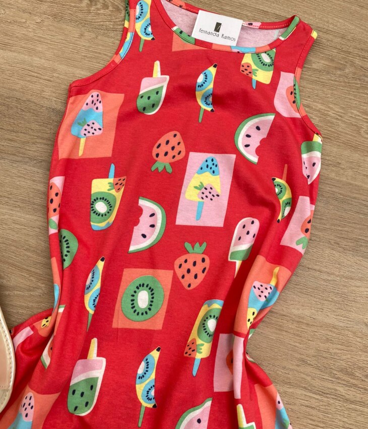 Vestido Infantil Feminino Curto Estampa de Frutas e Sorvetes Pink 1