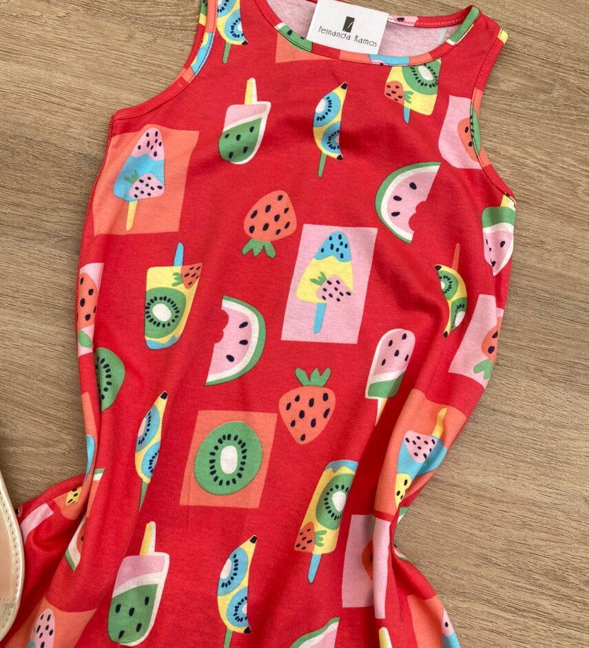 Vestido Infantil Feminino Curto Estampa de Frutas e Sorvetes Pink 1