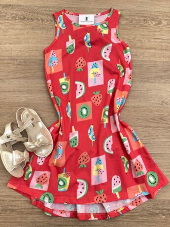 Vestido Infantil Feminino Curto Estampa de Frutas e Sorvetes Pink Fernanda Ramos Kids