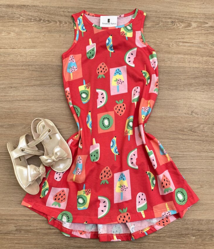 Vestido Infantil Feminino Curto Estampa de Frutas e Sorvetes Pink Fernanda Ramos Kids
