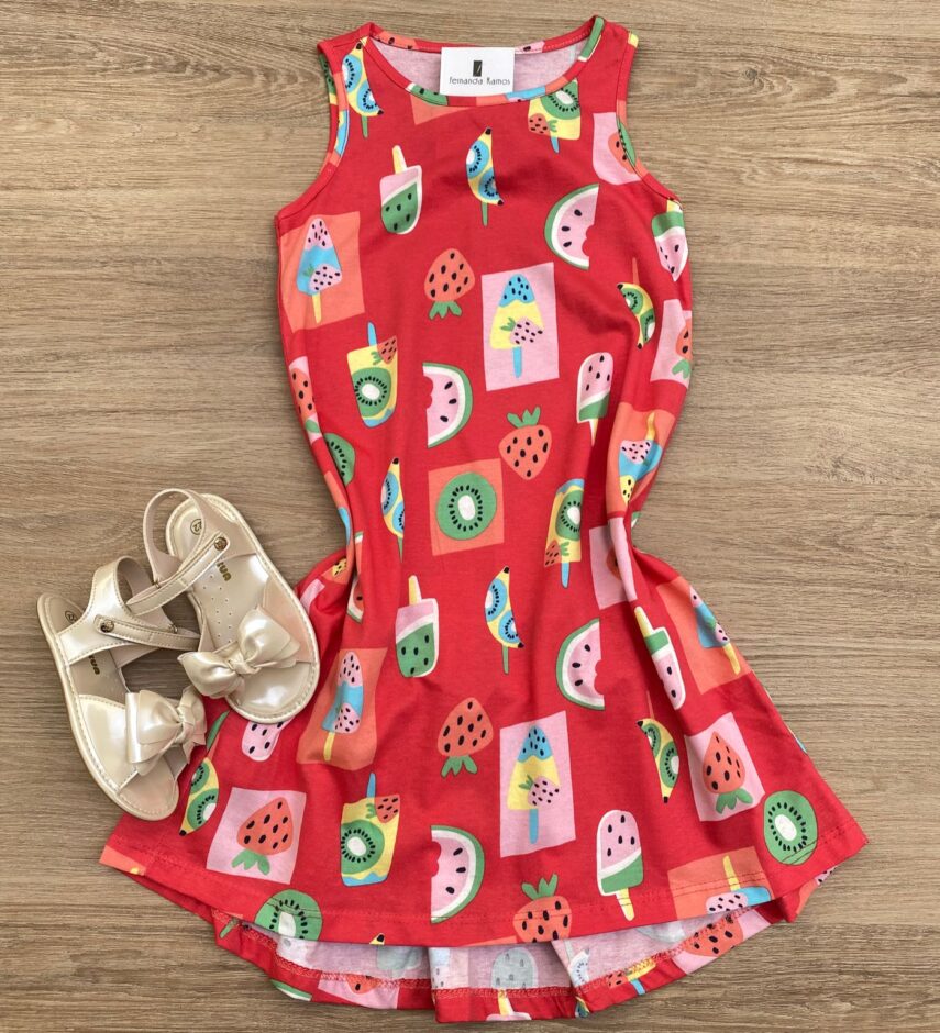 Vestido Infantil Feminino Curto Estampa de Frutas e Sorvetes Pink Fernanda Ramos Kids