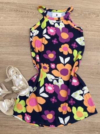 Vestido Infantil Feminino Curto Estampa Floral Preto Fernanda Ramos Kids