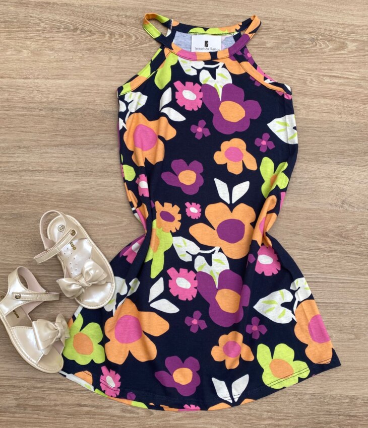 Vestido Infantil Feminino Curto Estampa Floral Preto Fernanda Ramos Kids