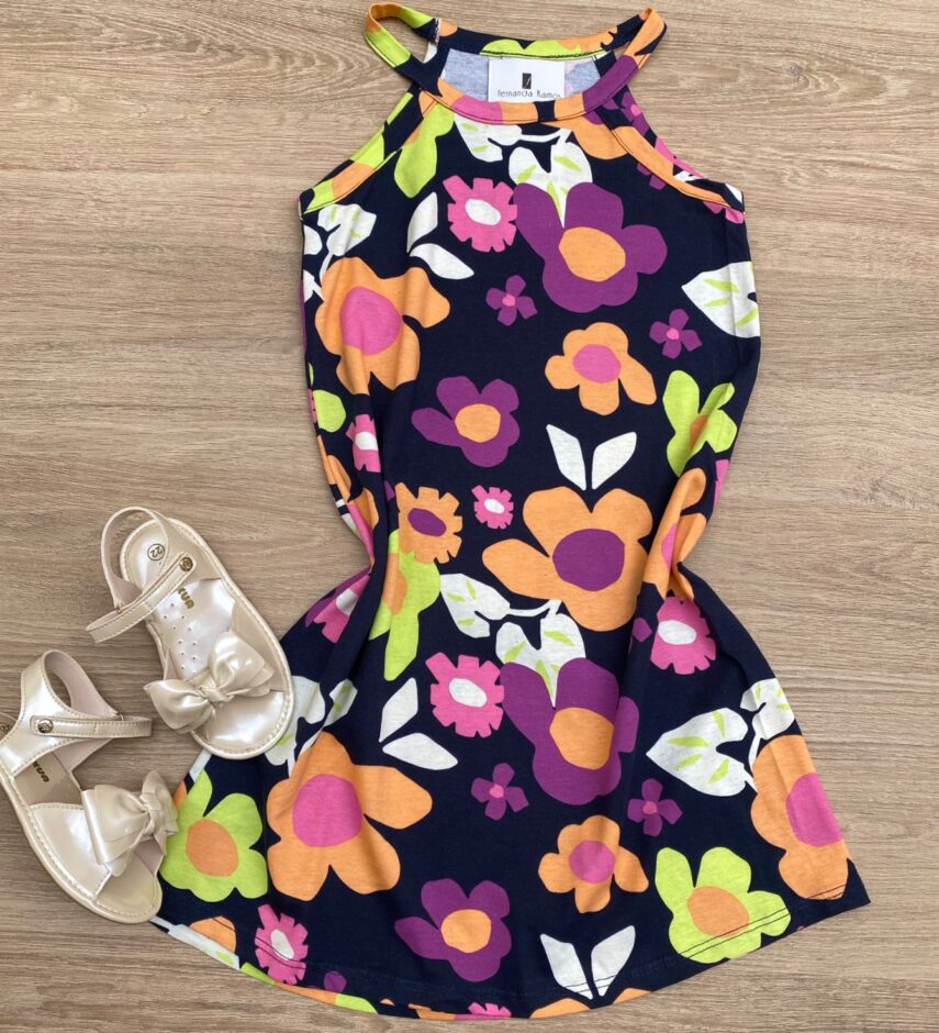 Vestido Infantil Feminino Curto Estampa Floral Preto Fernanda Ramos Kids