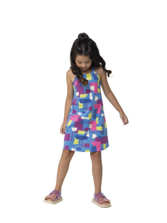 Vestido Infantil Feminino Curto Estampado Fundo Azul Fernanda ramos kids