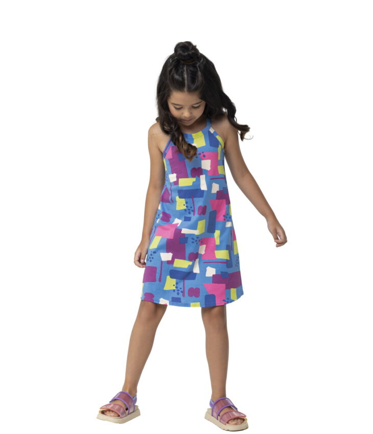 Vestido Infantil Feminino Curto Estampado Fundo Azul Fernanda ramos kids