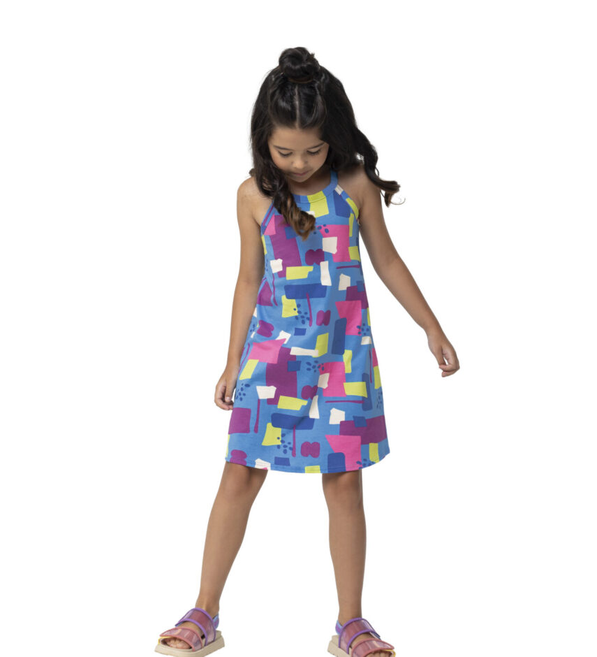 Vestido Infantil Feminino Curto Estampado Fundo Azul Fernanda ramos kids
