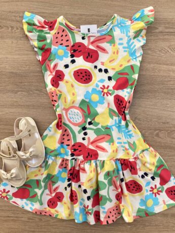 Vestido Infantil Feminino Curto Estampado Fundo Off White Fernanda Ramos Kids