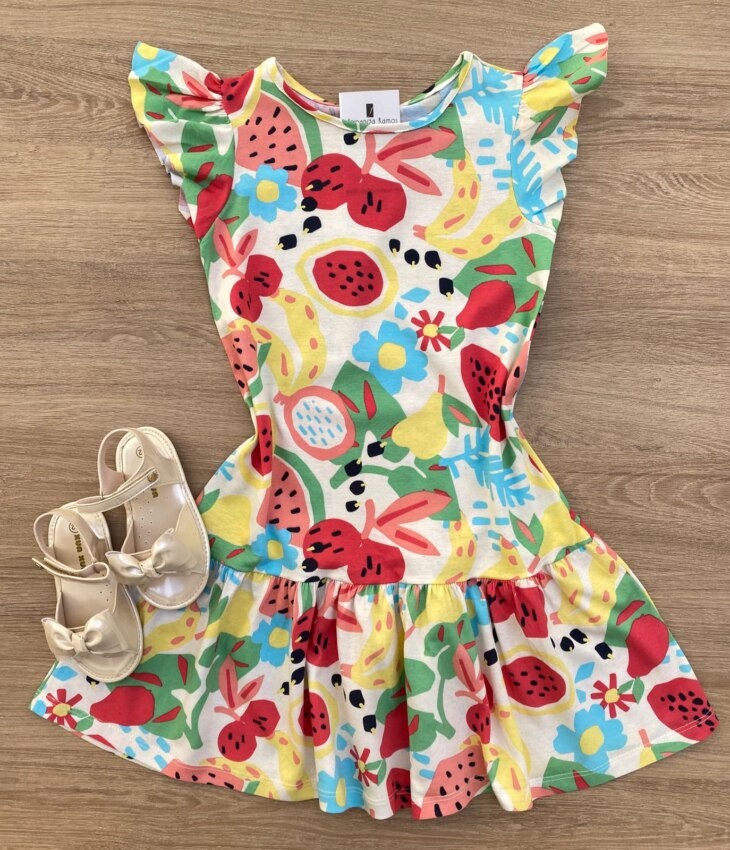 Vestido Infantil Feminino Curto Estampado Fundo Off White Fernanda Ramos Kids