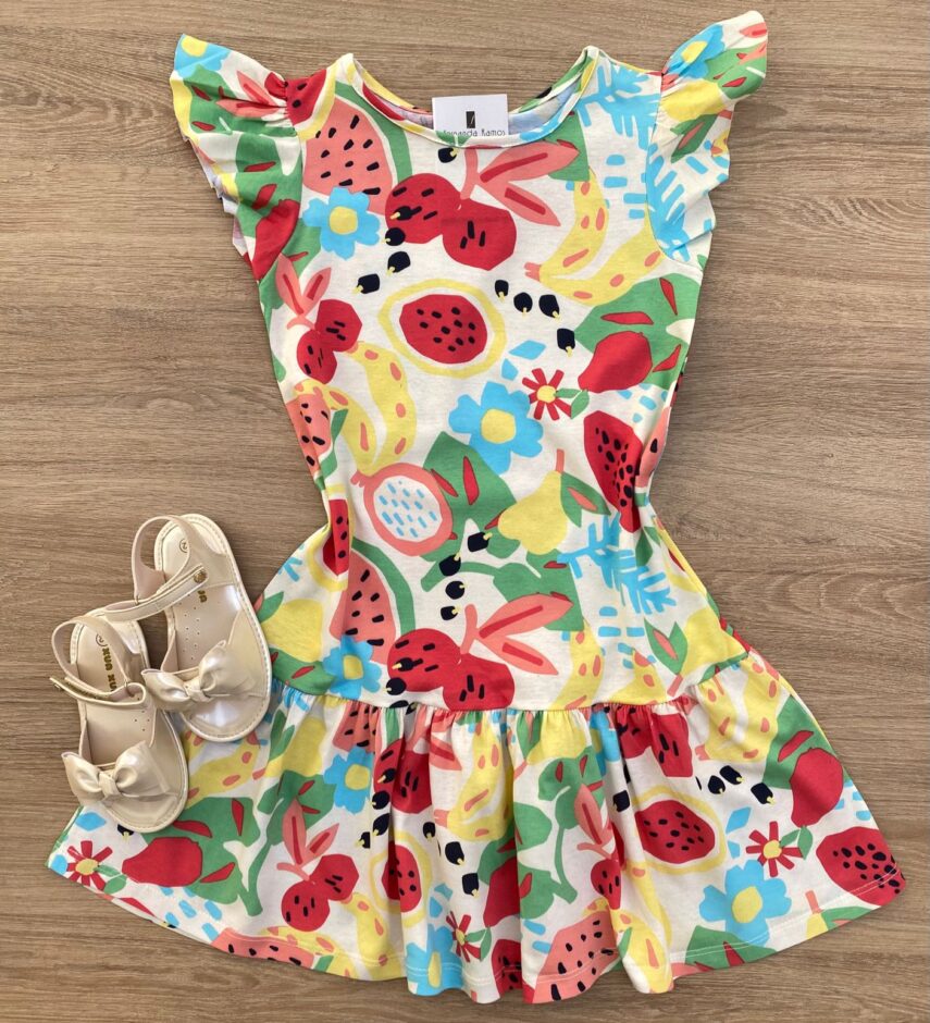 Vestido Infantil Feminino Curto Estampado Fundo Off White Fernanda Ramos Kids