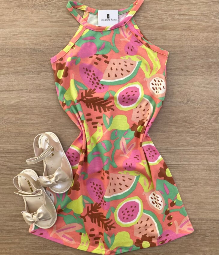 Vestido Infantil Feminino Curto Estampado Fundo Rosa Fernanda Ramos Kids