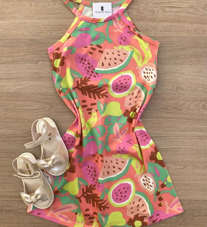 Vestido Infantil Feminino Curto Estampado Fundo Rosa Fernanda Ramos Kids